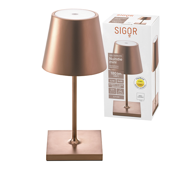 Akku-Tischleuchte Nuindie mini 250mm bronzefarben 2,2W FlexMood 2200K/2700K IP54 168/197lm Ra85 dim