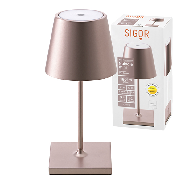 Akku-Tischleuchte Nuindie mini 250mm rosegold 2,2W FlexMood 2200K/2700K IP54 168/197lm Ra85 dim