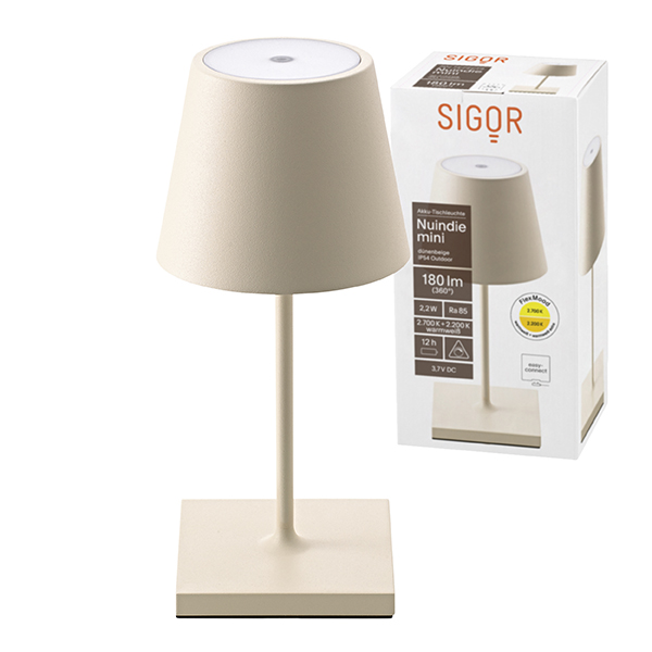 Akku-Tischleuchte Nuindie mini 250mm dünenbeige 2,2W FlexMood 2200K/2700K IP54 168/197lm Ra85 dim
