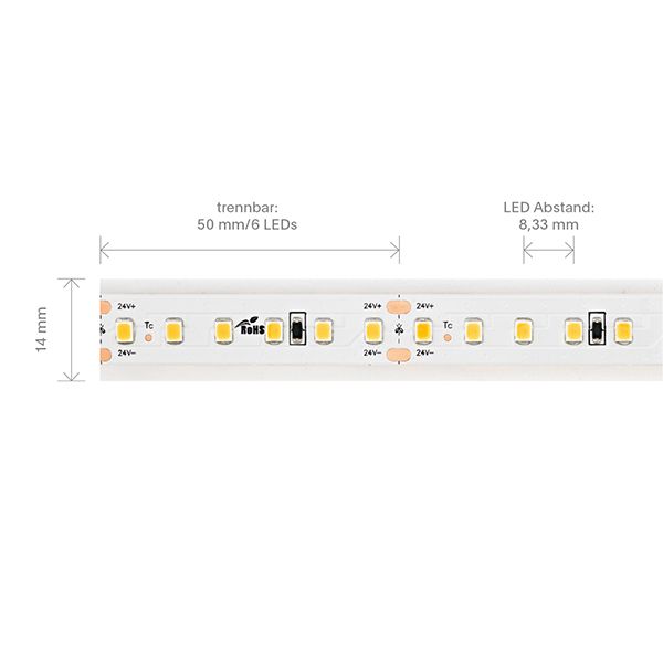 9,6W/m Long Distance LED-Streifen 2700K 20m 120LED/m IP67 24V 710lm/m RA90