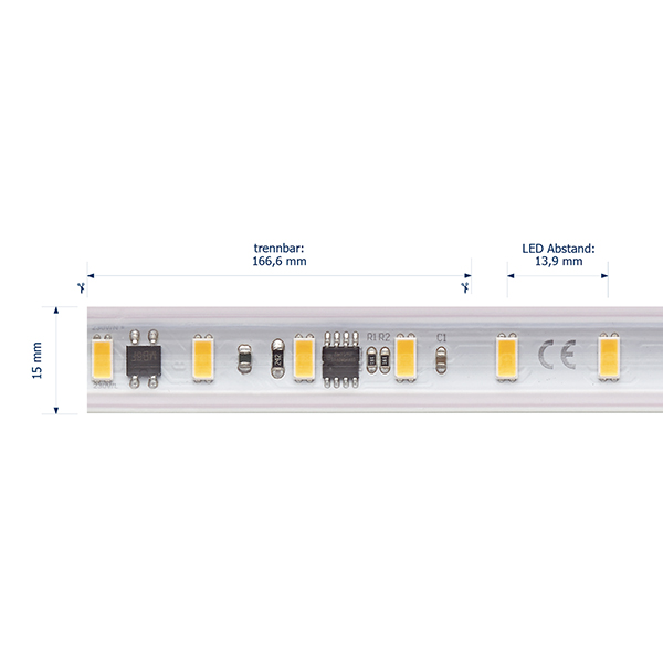 14W/m Hochvolt LED-Streifen 2700K 50m 72LED/m IP65 230V 1230lm/m Ra90