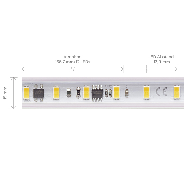 14W/m Hochvolt LED-Streifen 3000K 10m 72LED/m IP65 230V 1230lm/m Ra90 Set inkl. Endkappe