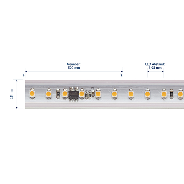 8W/m Hochvolt LED-Streifen 2700K 10m 120LED/m IP65 230V 560lm/m Ra90