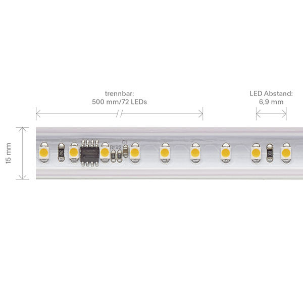 8W/m Hochvolt LED-Streifen 3000K 10m 120LED/m IP65 230V 560lm/m Ra90