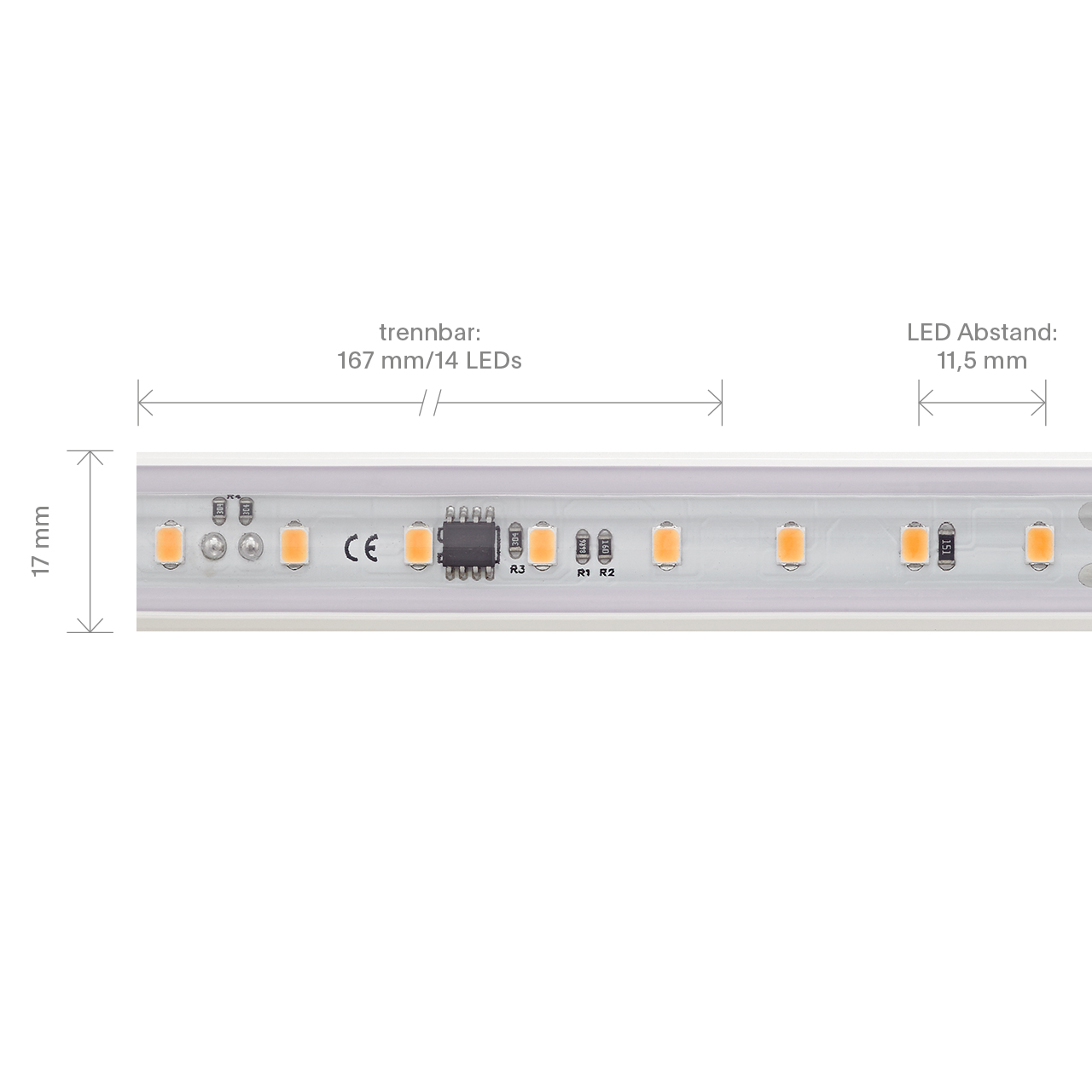 14W/m Hochvolt LED-Streifen 2700K 10m 84LED/m IP65 230V 1100lm/m Ra90 Set inkl. Endkappe